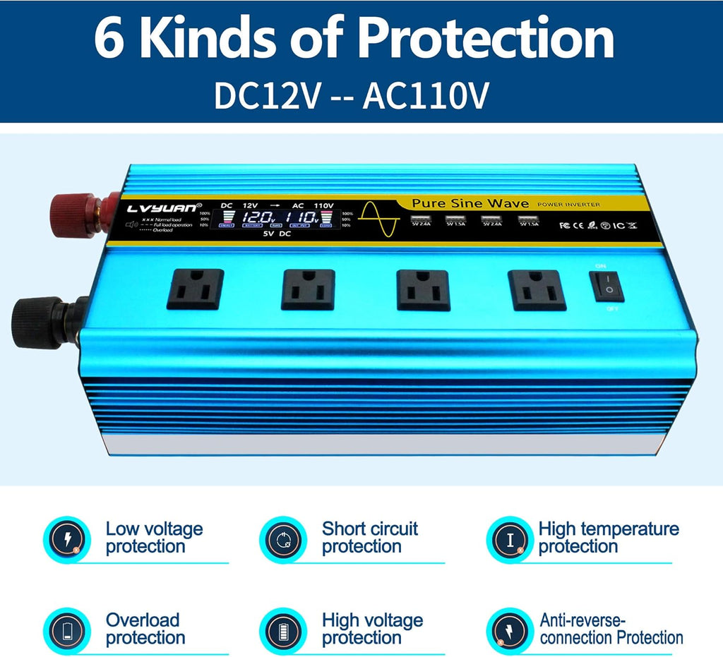 Pure Sine Wave Inverter 2500 Watt 12V to 110V DC to AC with Remote Controller LCD Display 4 AC Sockets 4 USB Charge Ports Q11422