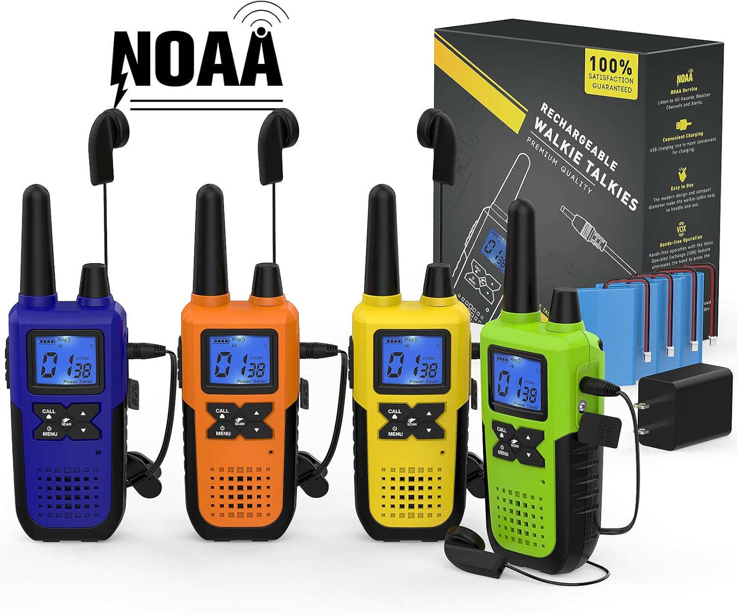 4 Pack Long Range 2 Way Radios Walkie Talkies with Earpiece and Mic USB Charger Battery Weather Alert V133