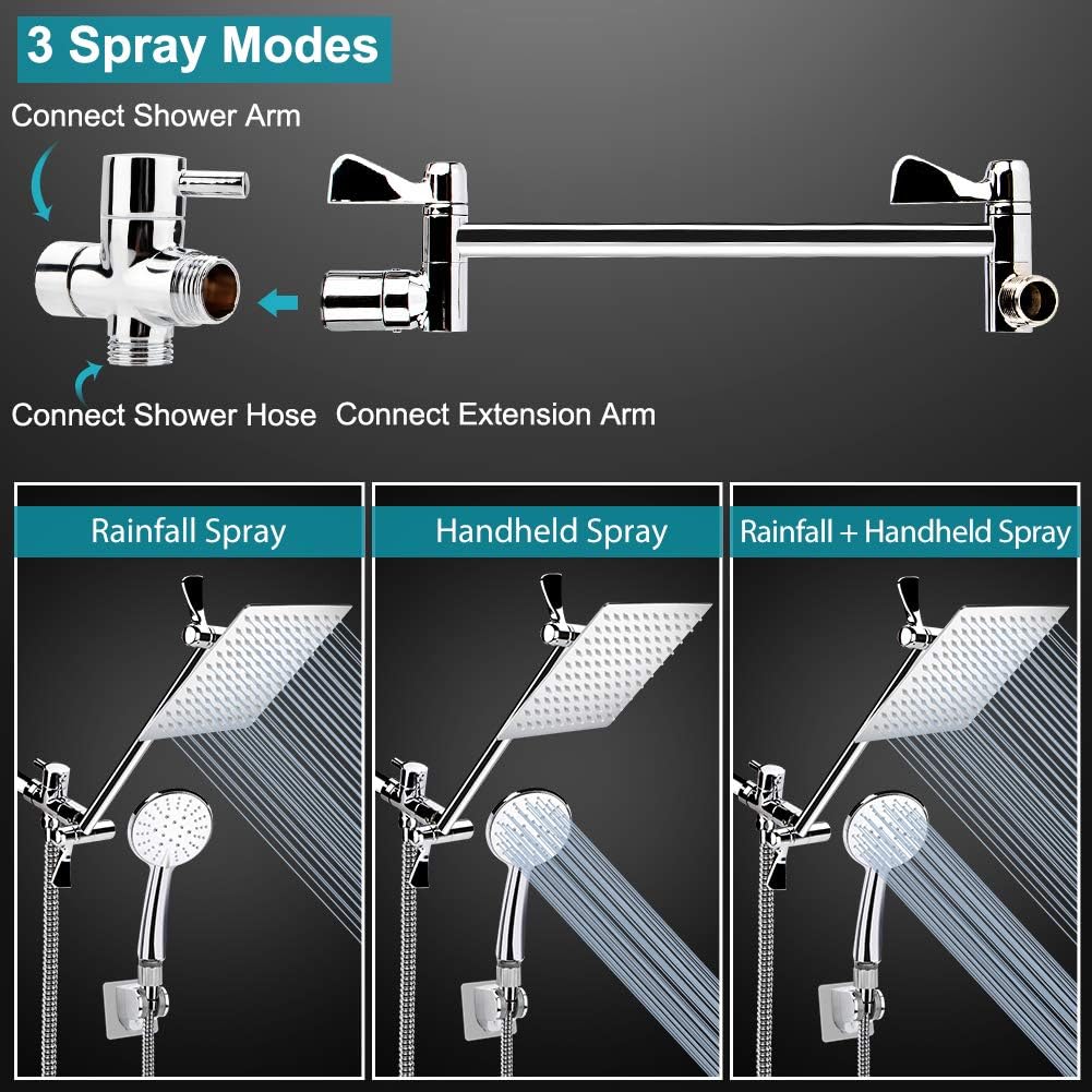 Chrome Stainless Steel Rainfall Shower Head Combo with Extension Arm, Holder, Hose, 4 Hooks, Pack of 2 R999303