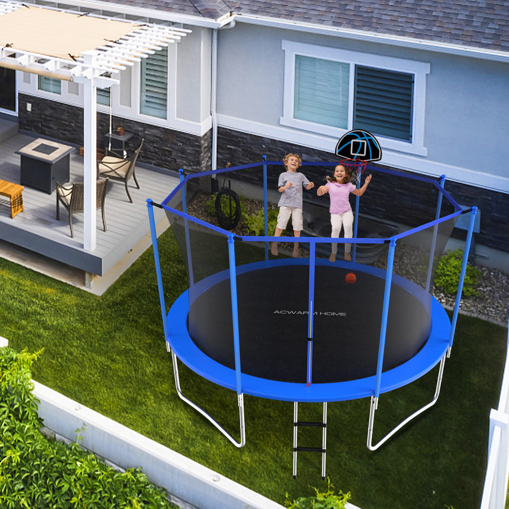 Blue 12FT Outdoor Trampoline with Safety Enclosure and Basketball Hoop M970