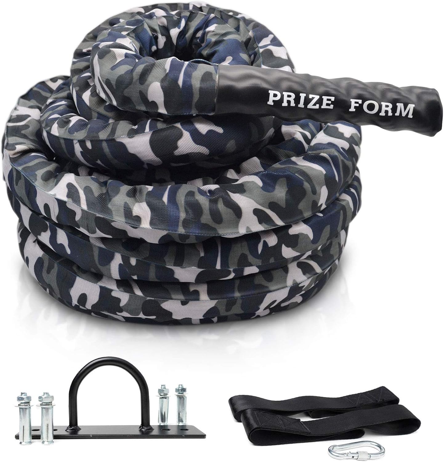 Battle Exercise Training Rope with Camo Protective Cover & Anchor Strap Kit, Poly Dacron 1.5 Inch Diameter 30ft 40ft C440466