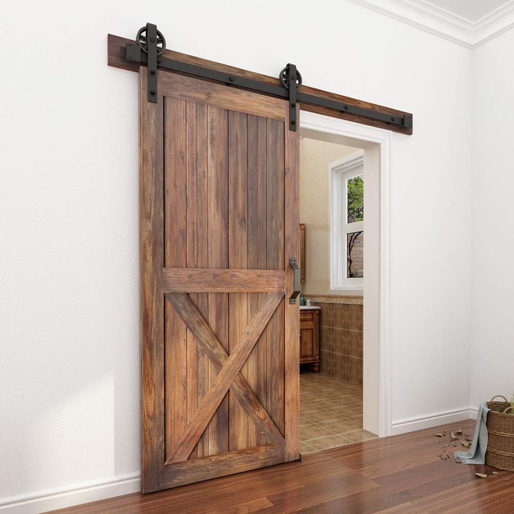 5-16FT Single Wood Sliding Barn Door Hardware Kit 6FT Basic Black Carbon Steel Flat Track System Pack of 2 L96134