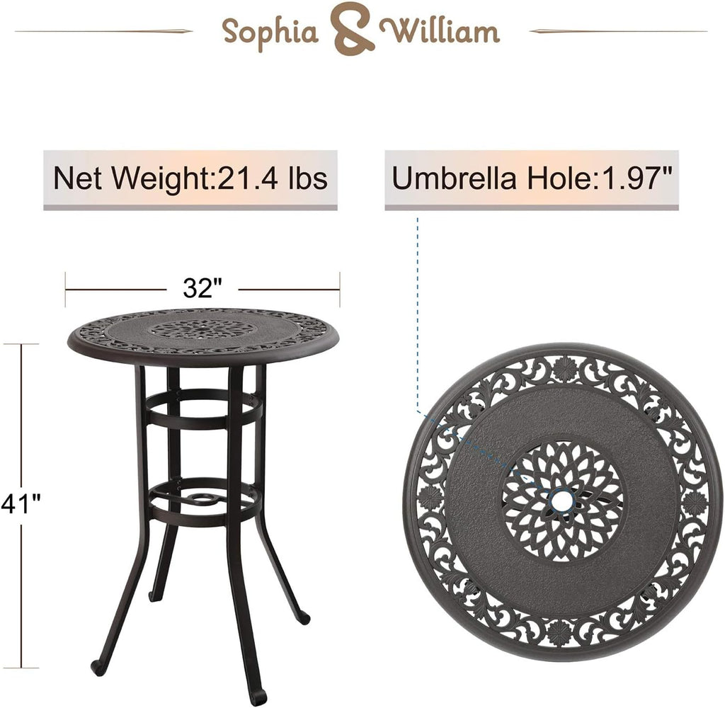Outdoor Cast Aluminium Bar Height Table Round with Umbrella Hole Brown H389