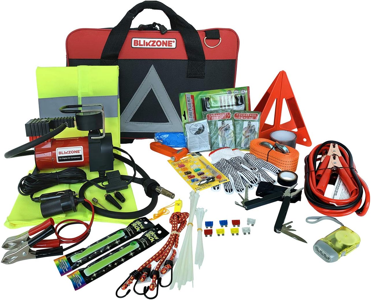 82 Pc Auto Roadside Emergency Car Kit with Tire Repair Kit, Jumper Cables, Portable Air Compressor, Tow Strap, Emergency Triangle R23696