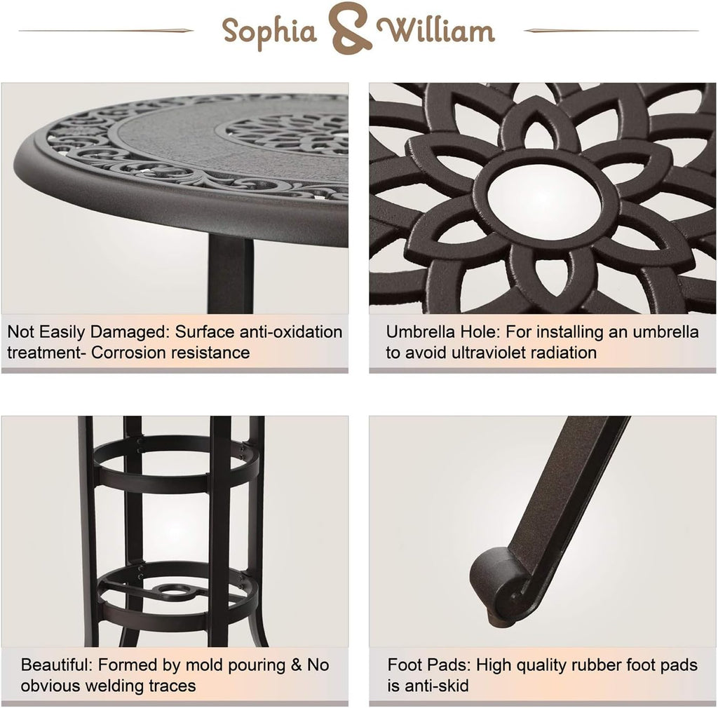Outdoor Cast Aluminium Bar Height Table Round with Umbrella Hole Brown H389