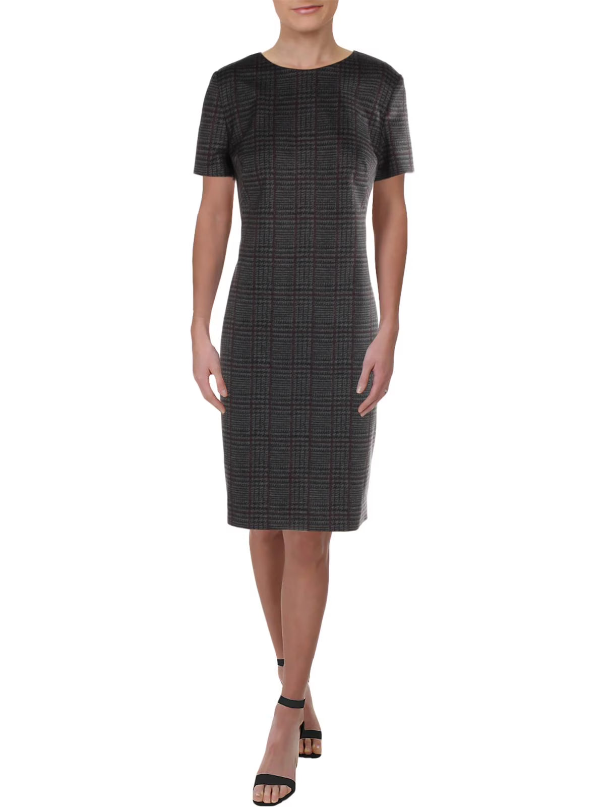 Gray Plaid Short Sleeve Sheath Dress Y4056