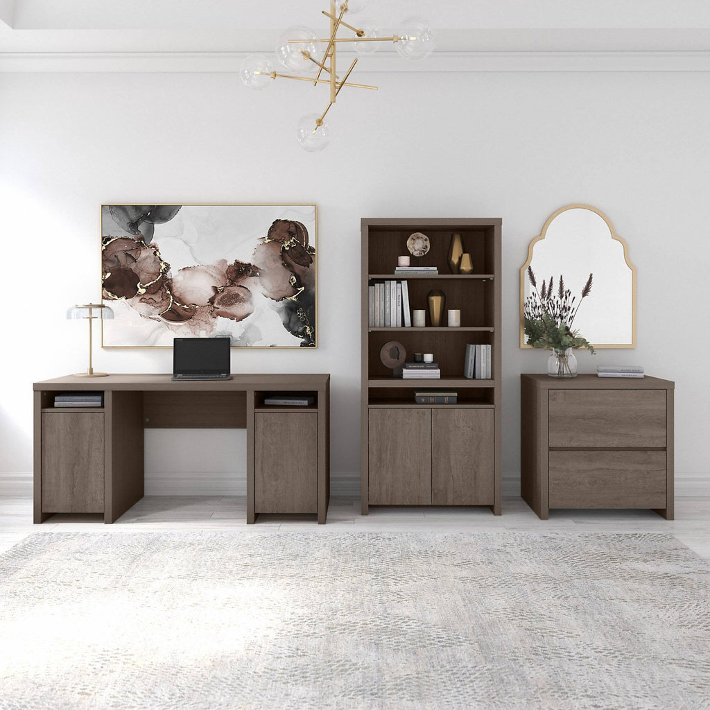 Modern Computer Desk with Storage Cabinets and Shelves Restored Gray C81071
