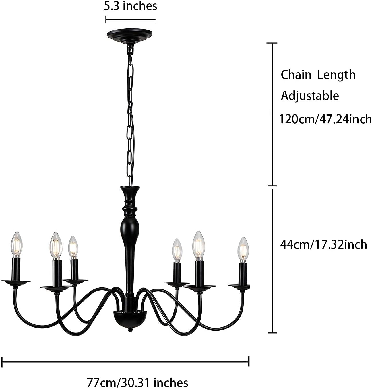 Rustic Farmhouse 6-Lights Black Metal Candle Chandelier N9535