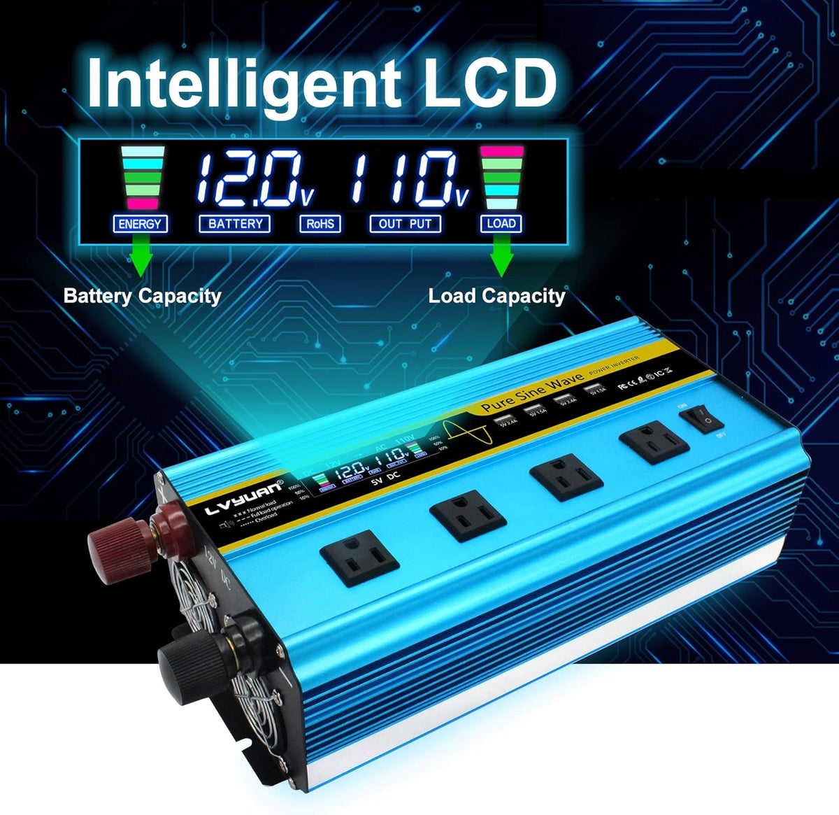 Pure Sine Wave Inverter 2500 Watt 12V to 110V DC to AC with Remote Controller LCD Display 4 AC Sockets 4 USB Charge Ports Q11422