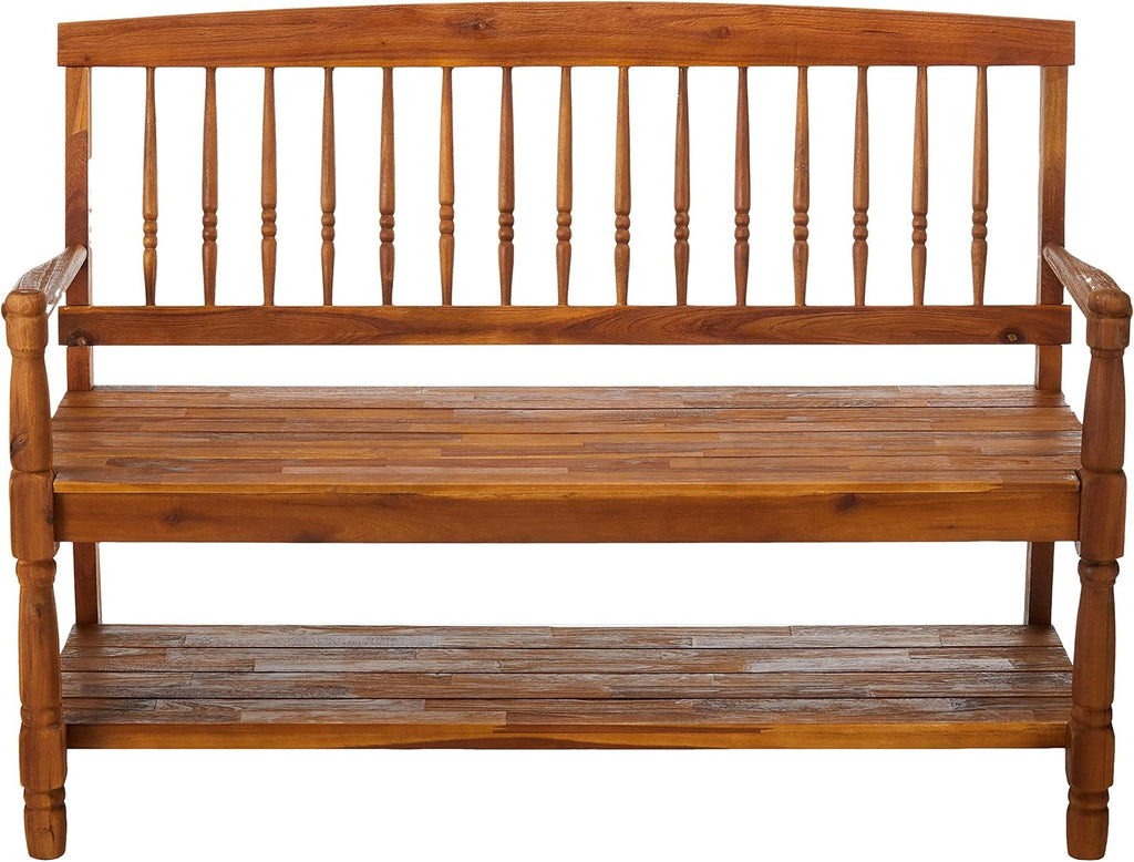 Teak Finish Acacia Wood Bench with Shelf G852