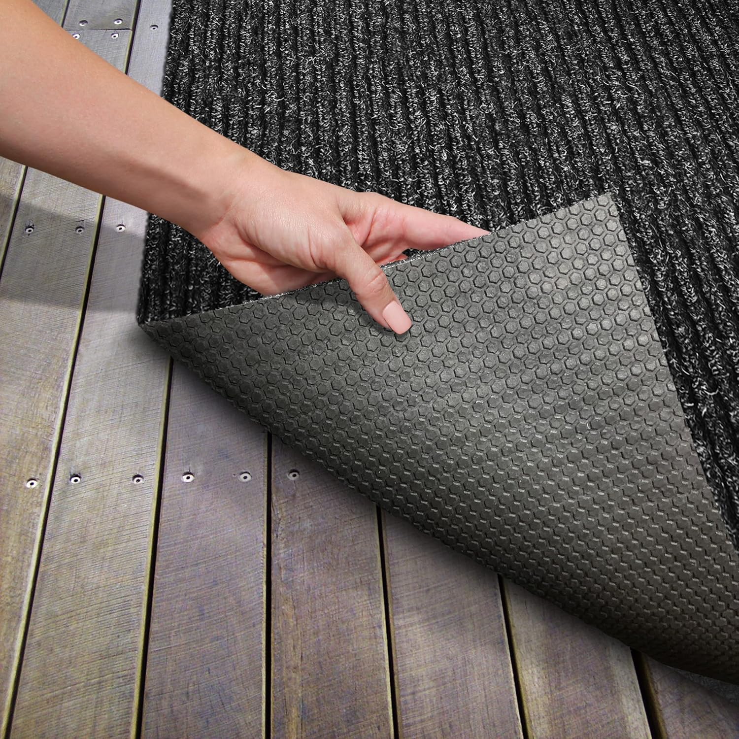 Heavy-Duty Ribbed Indoor Outdoor Carpet with Rubber Marine Backing - Charcoal Black - 6 Feet X 15 Feet R12096