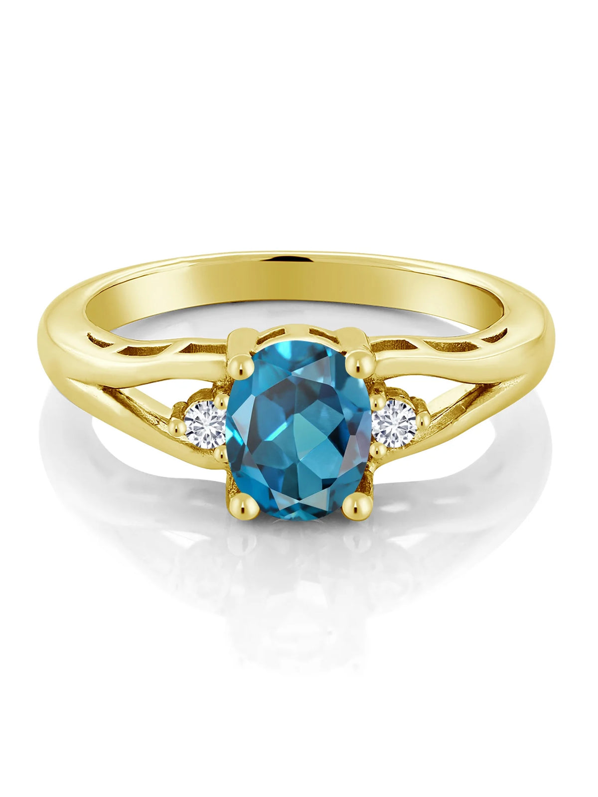18K Yellow Gold Plated Silver London Blue Topaz and White Lab Grown Diamond 3 Stone Engagement Ring K238069