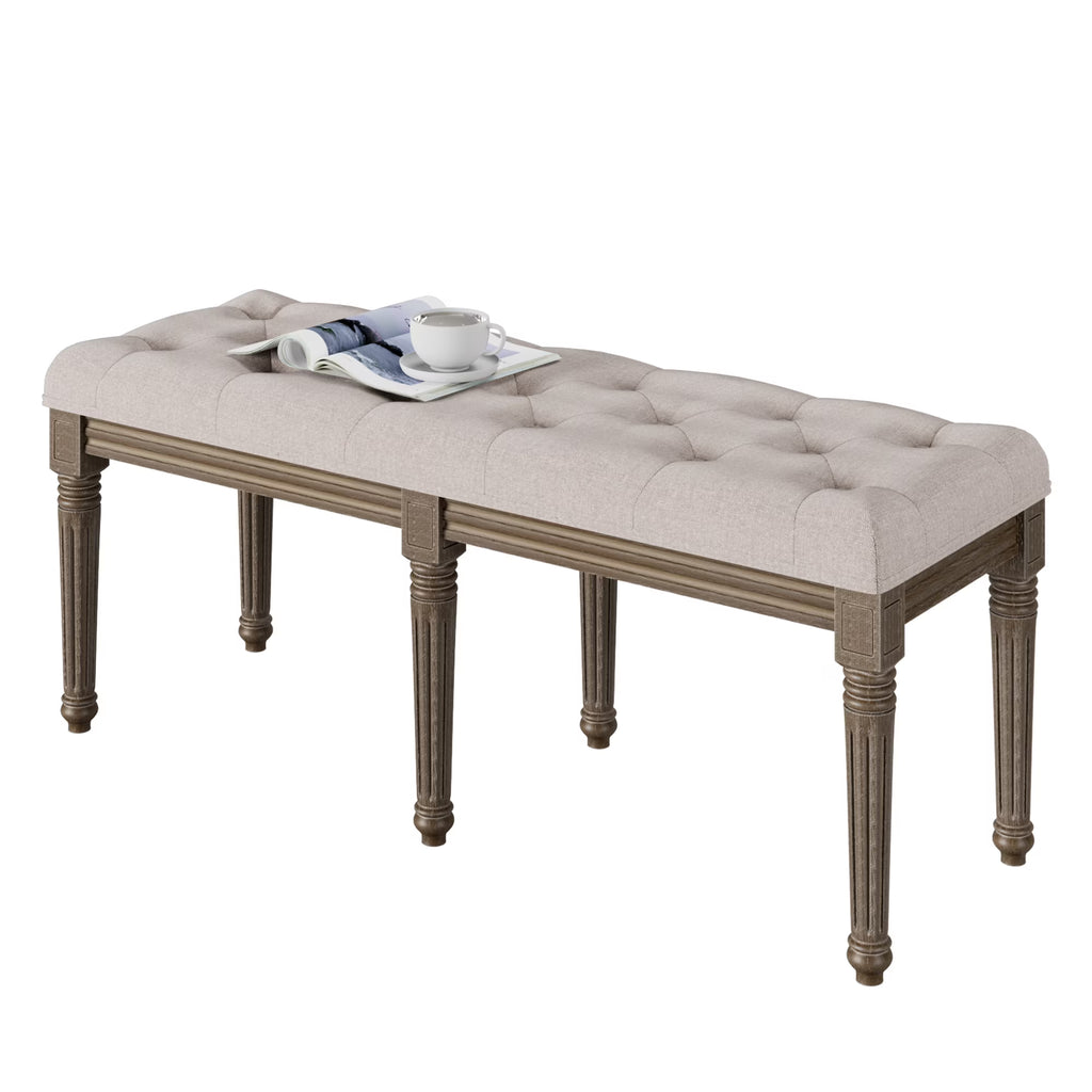 Upholstered Button Tufted Cushion Seat Bench with Carved Wooden Legs X429