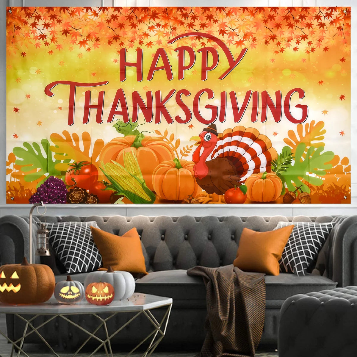 Thanksgiving Banner 72 x 46 Inch Turkey Pumpkin Maple Leaves Banner K493