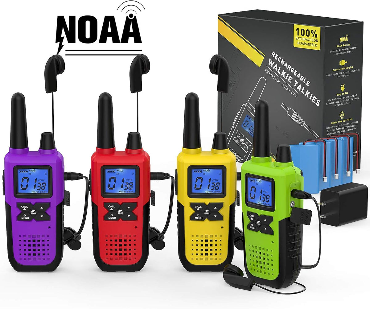 4 Pack Long Range 2 Way Radios Walkie Talkies with Earpiece and Mic USB Charger Battery Weather Alert V133