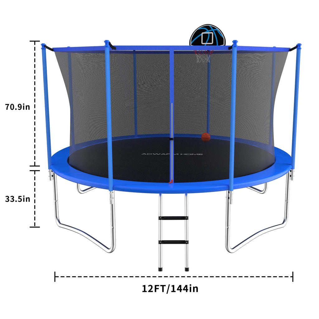 Blue 12FT Outdoor Trampoline with Safety Enclosure and Basketball Hoop M970