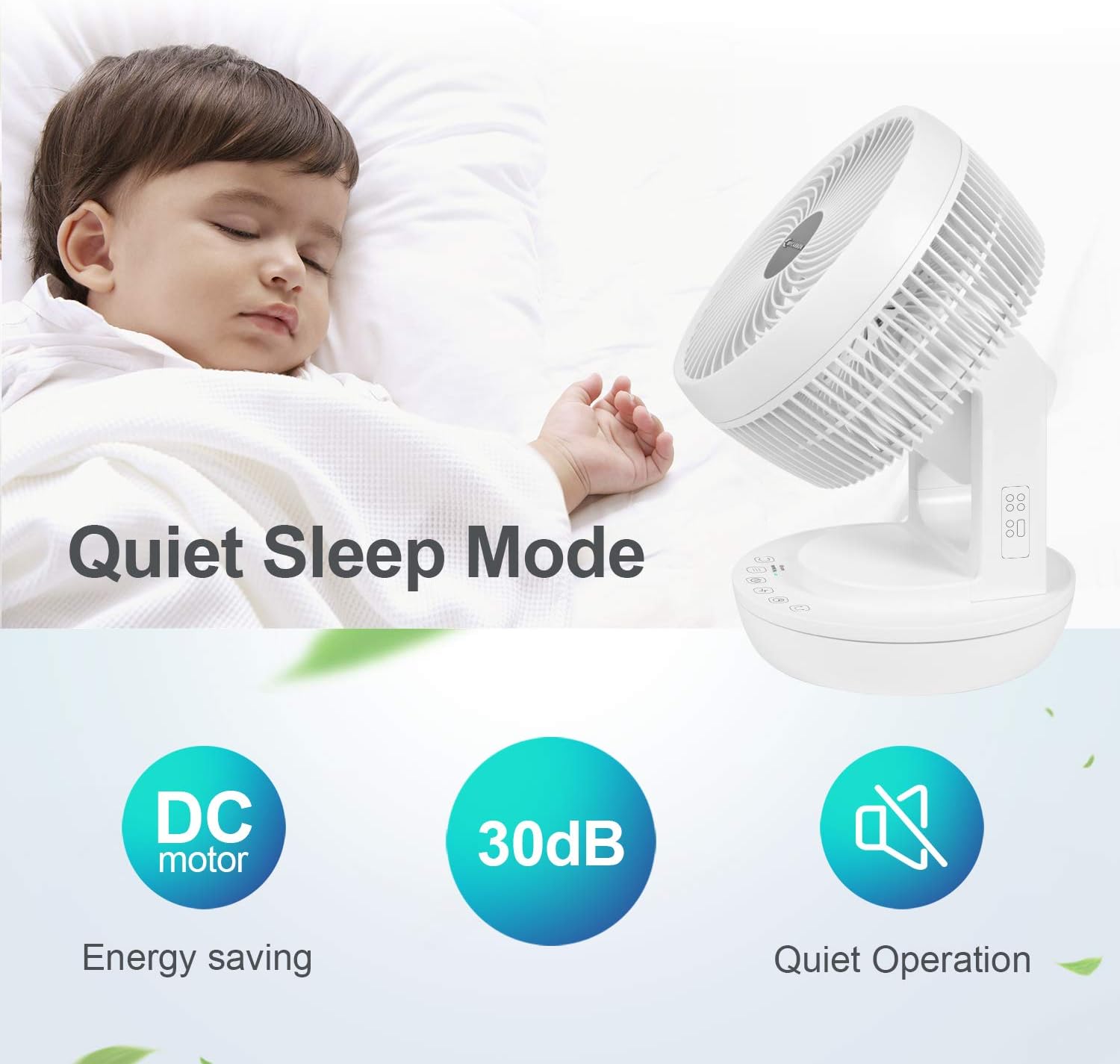 Quiet Air Circulator Fan DC Motor Desk Fan Auto Oscillating Fan With Remote 8 Speeds, 3 Modes, 8H Timer Cooling Table Fan U241