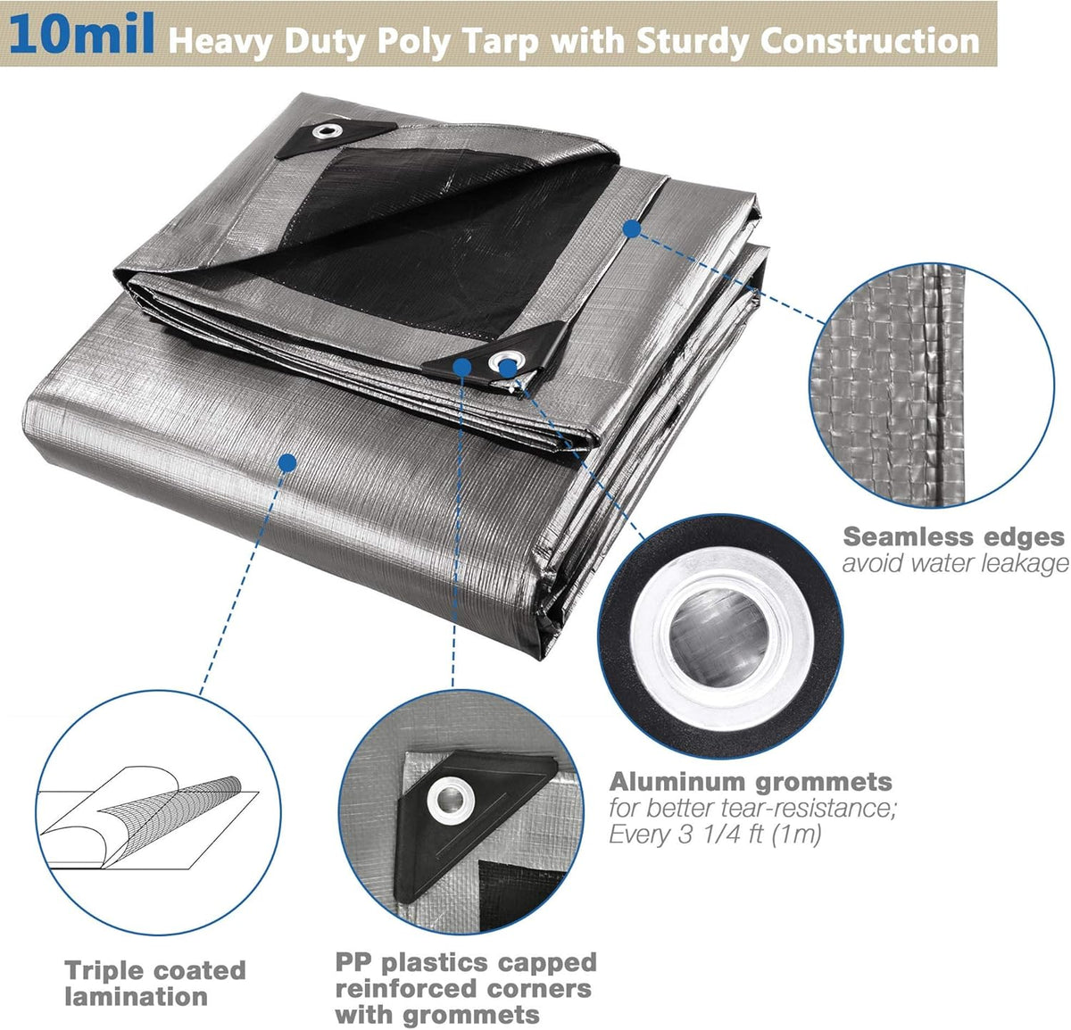 10x15ft Heavy Duty Reinforced Poly Tarp Waterproof Tarpaulin 10-mil Ground Sheet Camping Tent Cover with Eyelets Pack of 2 B62634