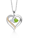 925 Silver 10K Yellow Gold Heart Shape Lab Grown Diamond Pendant Necklace with White Moissanite and Green Peridot (0.95 Cttw, Double Heart, 18 inch Chain) H45755