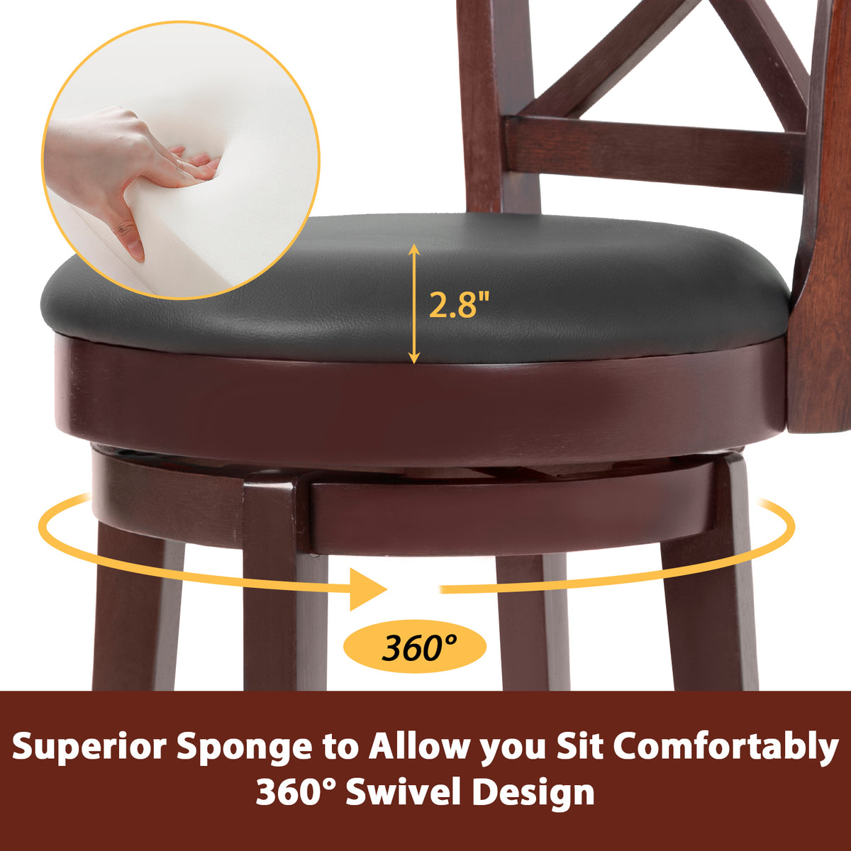 Brown Wooden Low Back Bar Stools with 360 Degree Swivel and PU Leather Upholstery X378