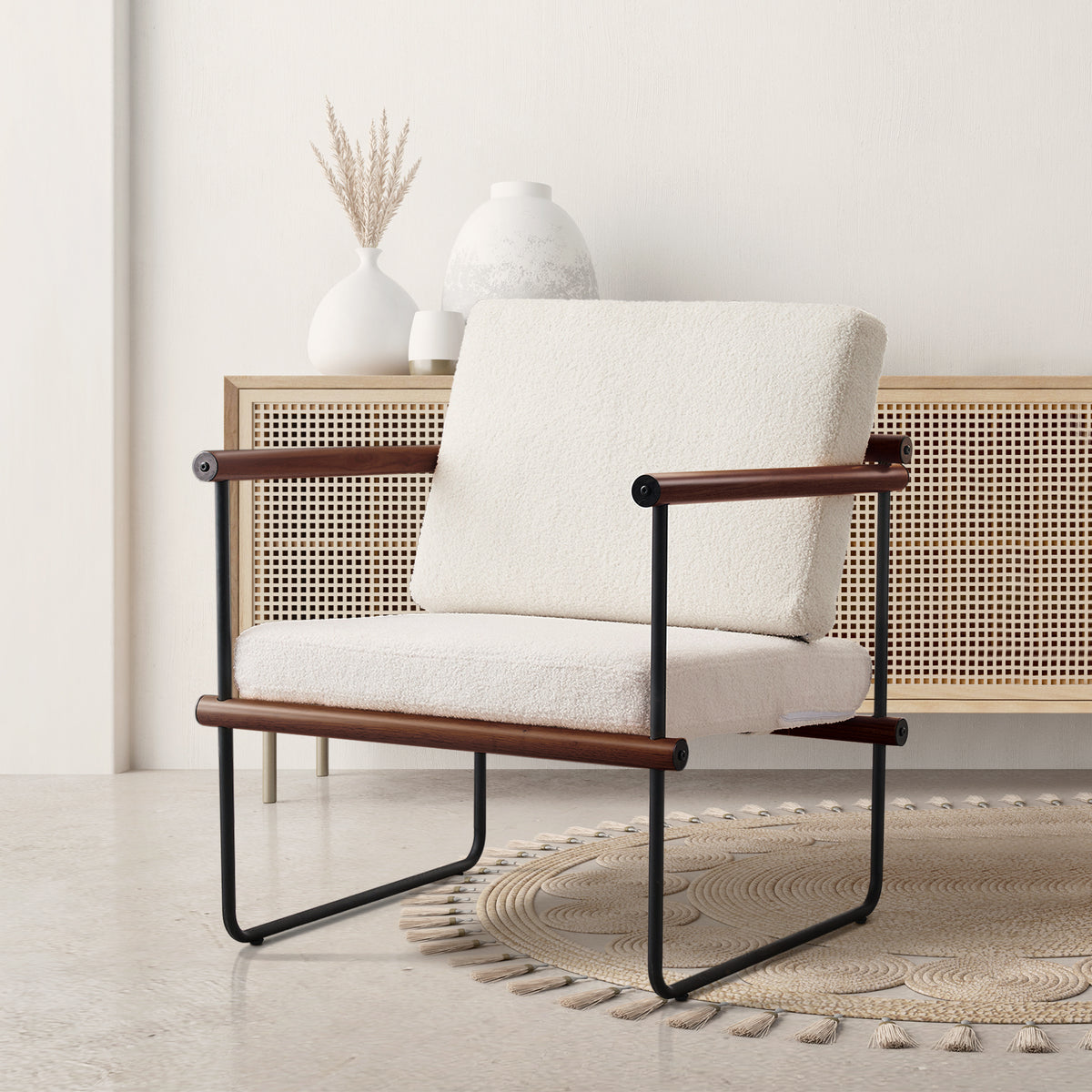 Walnut Boucle Accent Chair with Metal and Wooden Frame P413