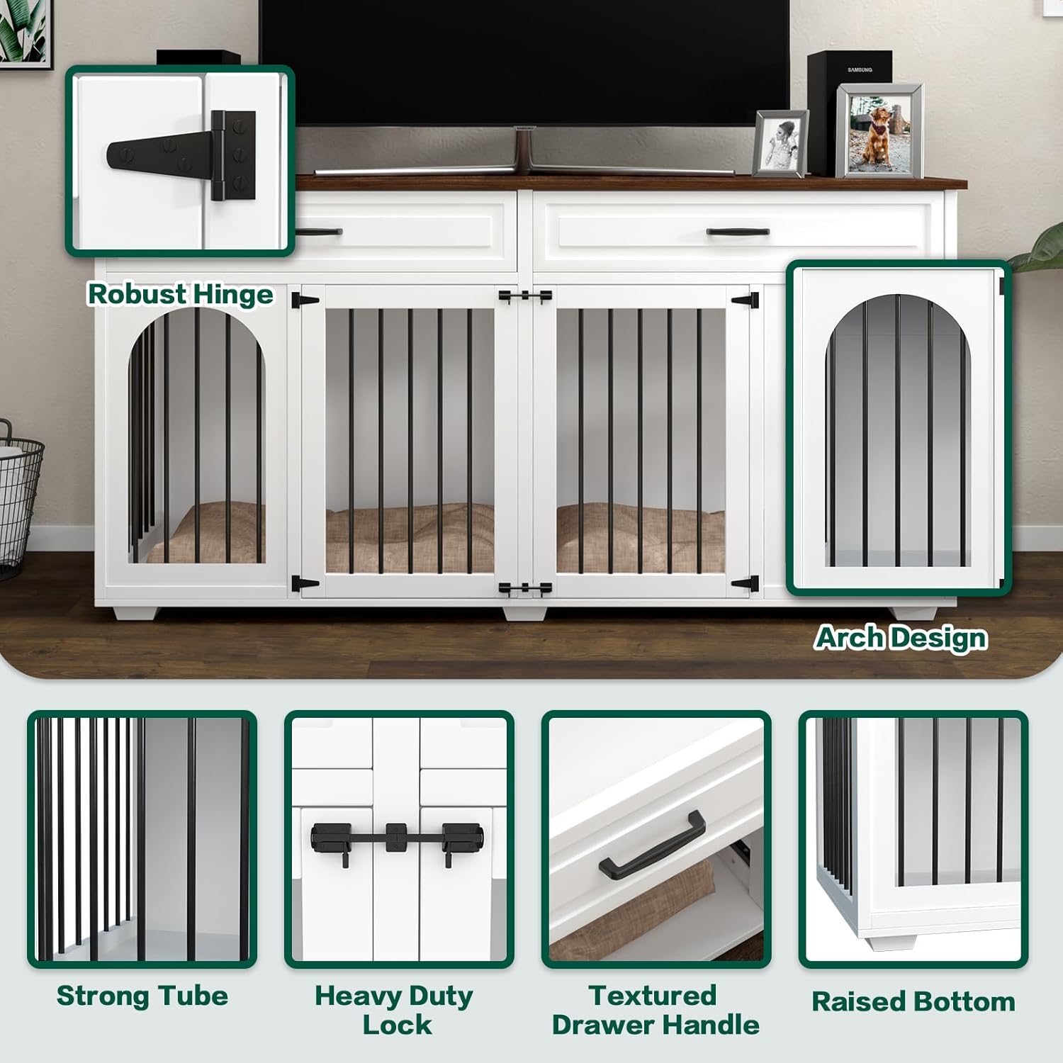 White 74.8 Inch Heavy Duty Wooden Dog Crate with 2 Drawers F802