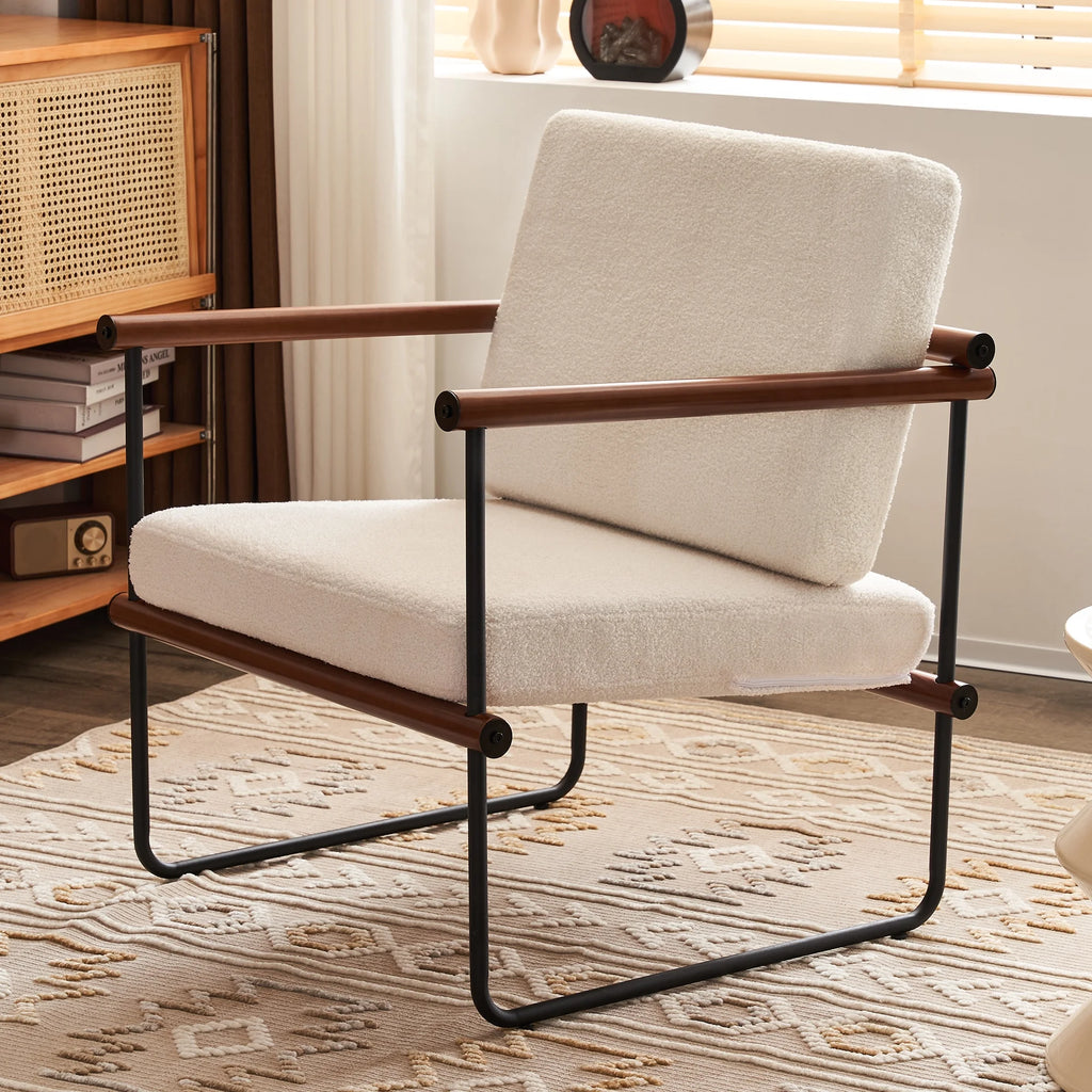 Walnut Boucle Accent Chair with Metal and Wooden Frame P413