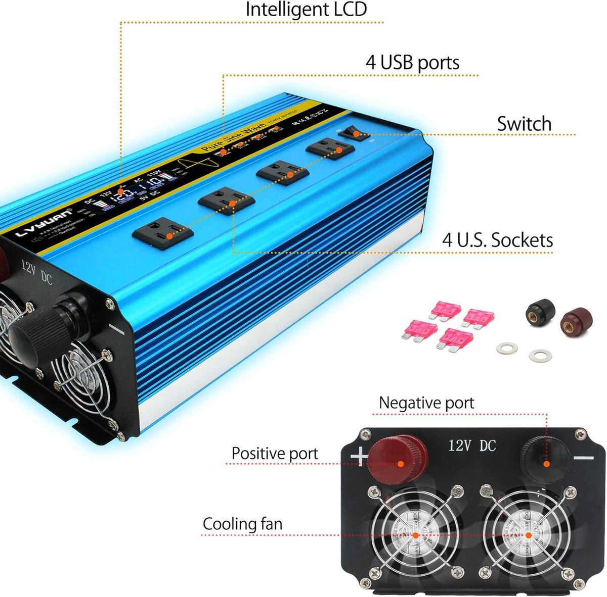 Pure Sine Wave Inverter 2500 Watt 12V to 110V DC to AC with Remote Controller LCD Display 4 AC Sockets 4 USB Charge Ports Q11422