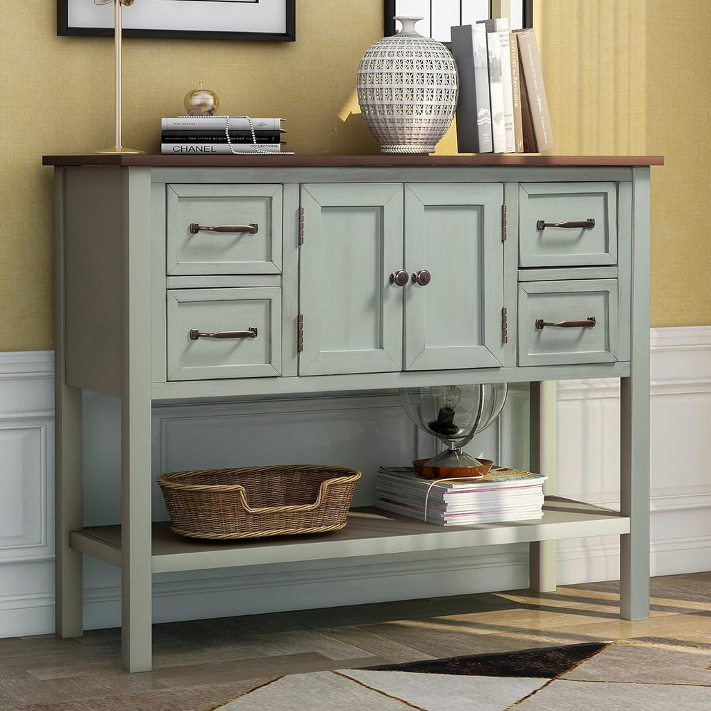 Green Console Table with Storage Drawers and Bottom Shelf R270