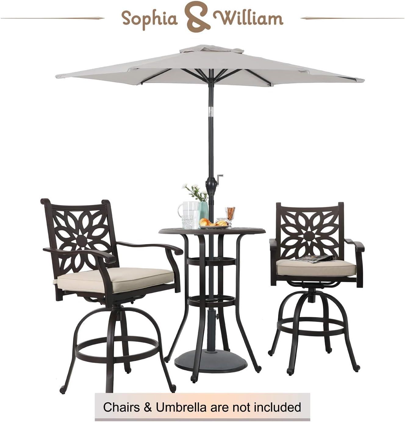 Outdoor Cast Aluminium Bar Height Table Round with Umbrella Hole Brown H389