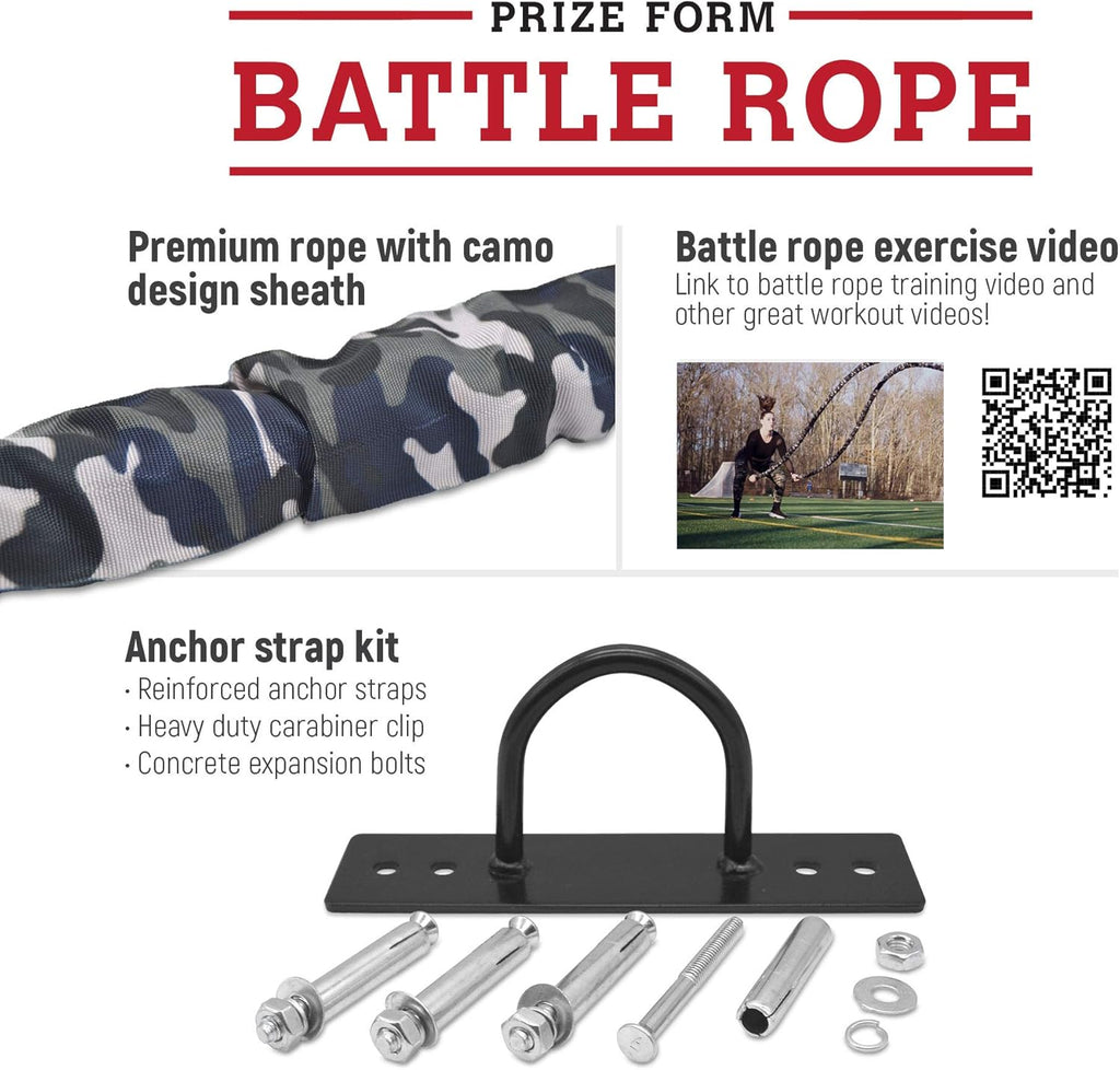 Battle Exercise Training Rope with Camo Protective Cover & Anchor Strap Kit, Poly Dacron 1.5 Inch Diameter 30ft 40ft C440466