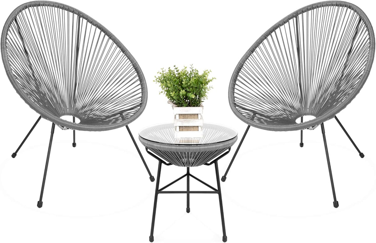 3-Piece Outdoor Acapulco Patio Conversation Bistro Set with Plastic Rope, Glass Top Table and 2 Chairs - Gray K91638