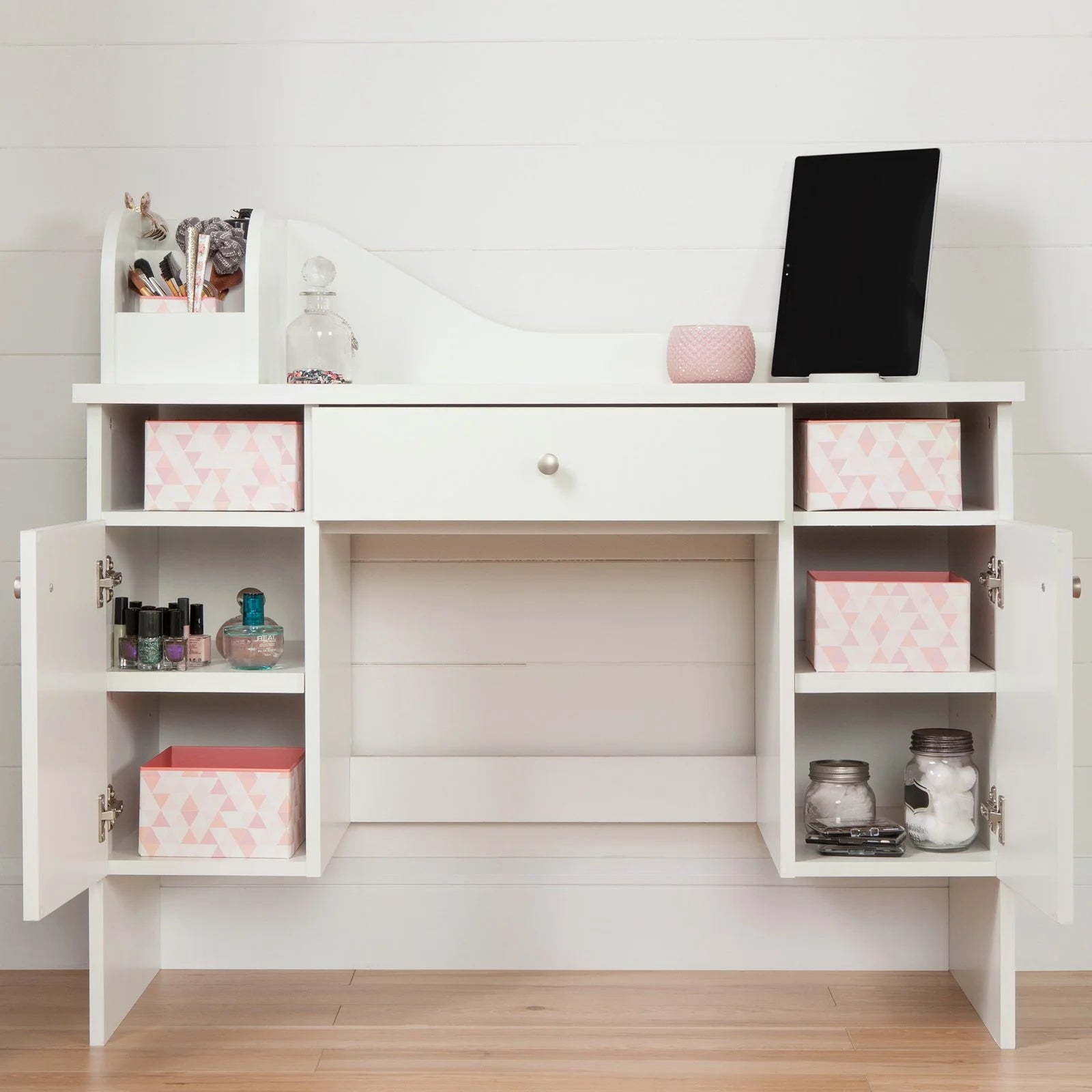 White 2-Door Makeup Desk with Baskets E86618