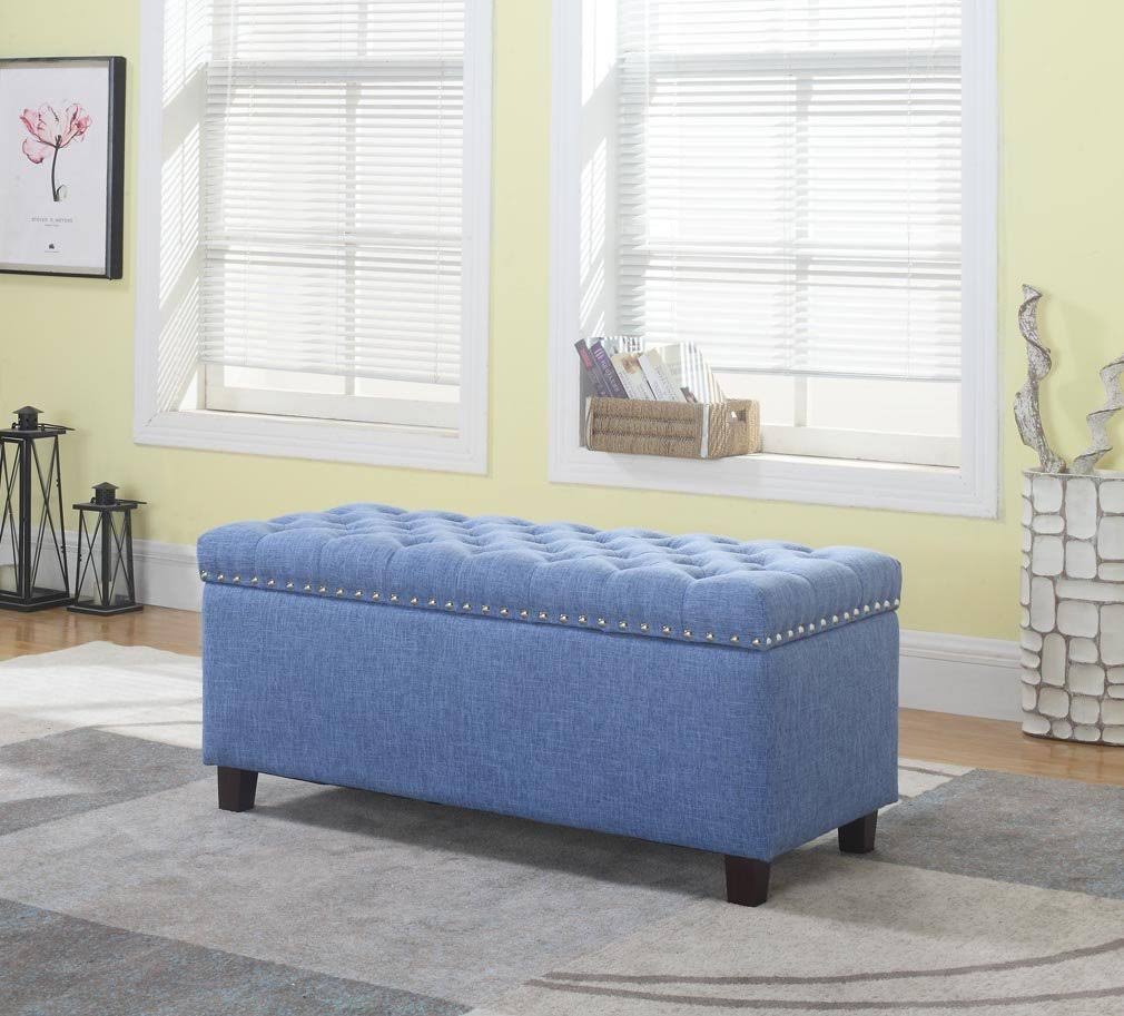 Blue Button Tufted Storage Ottoman with Nailhead H368159