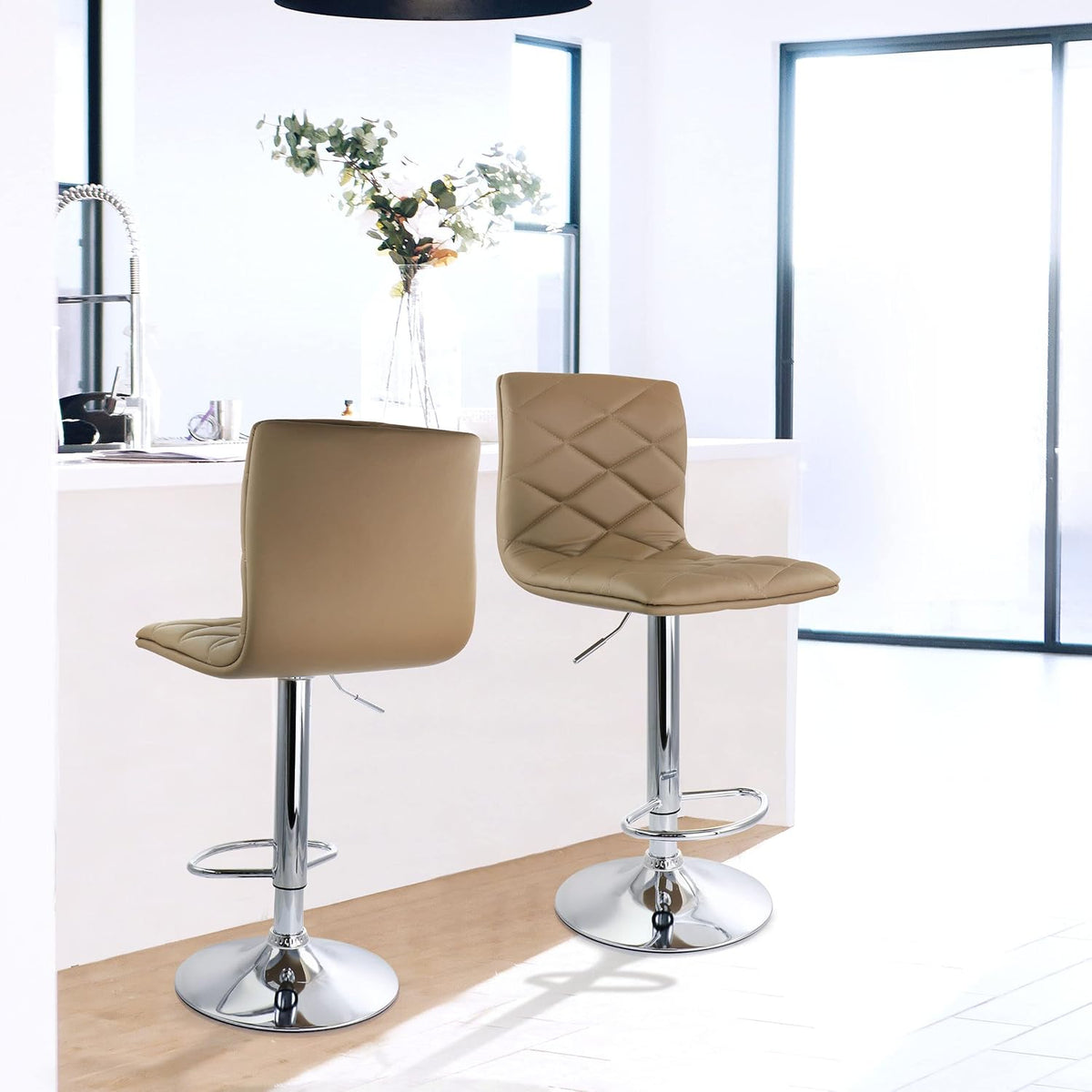 2 Piece Adjustable Faux Leather Bar Stool in Camel with Chrome Base E36561