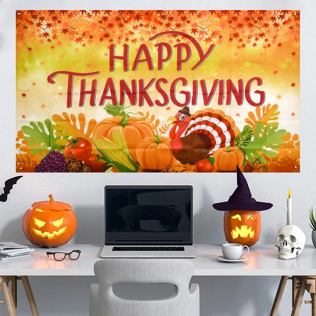Thanksgiving Banner 72 x 46 Inch Turkey Pumpkin Maple Leaves Banner K493