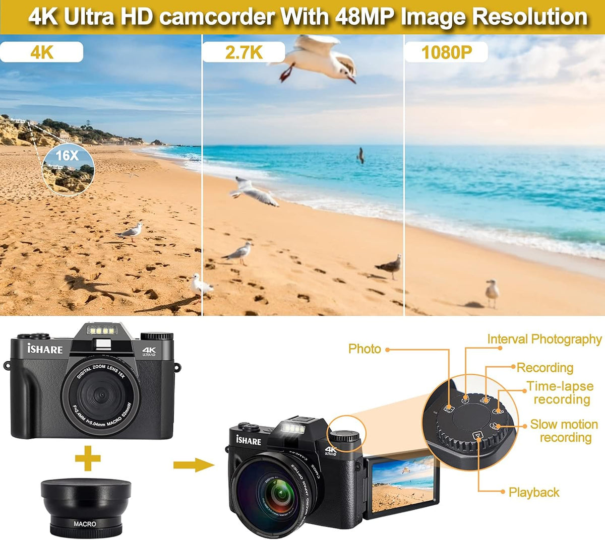 4K 48MP Digital Camera with 3.0 inch 180Deg Flip Screen and 2 Batteries A141553