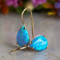 14K Yellow Gold Pear Cut Blue Opal Gemstone Teardrop Earrings R94949