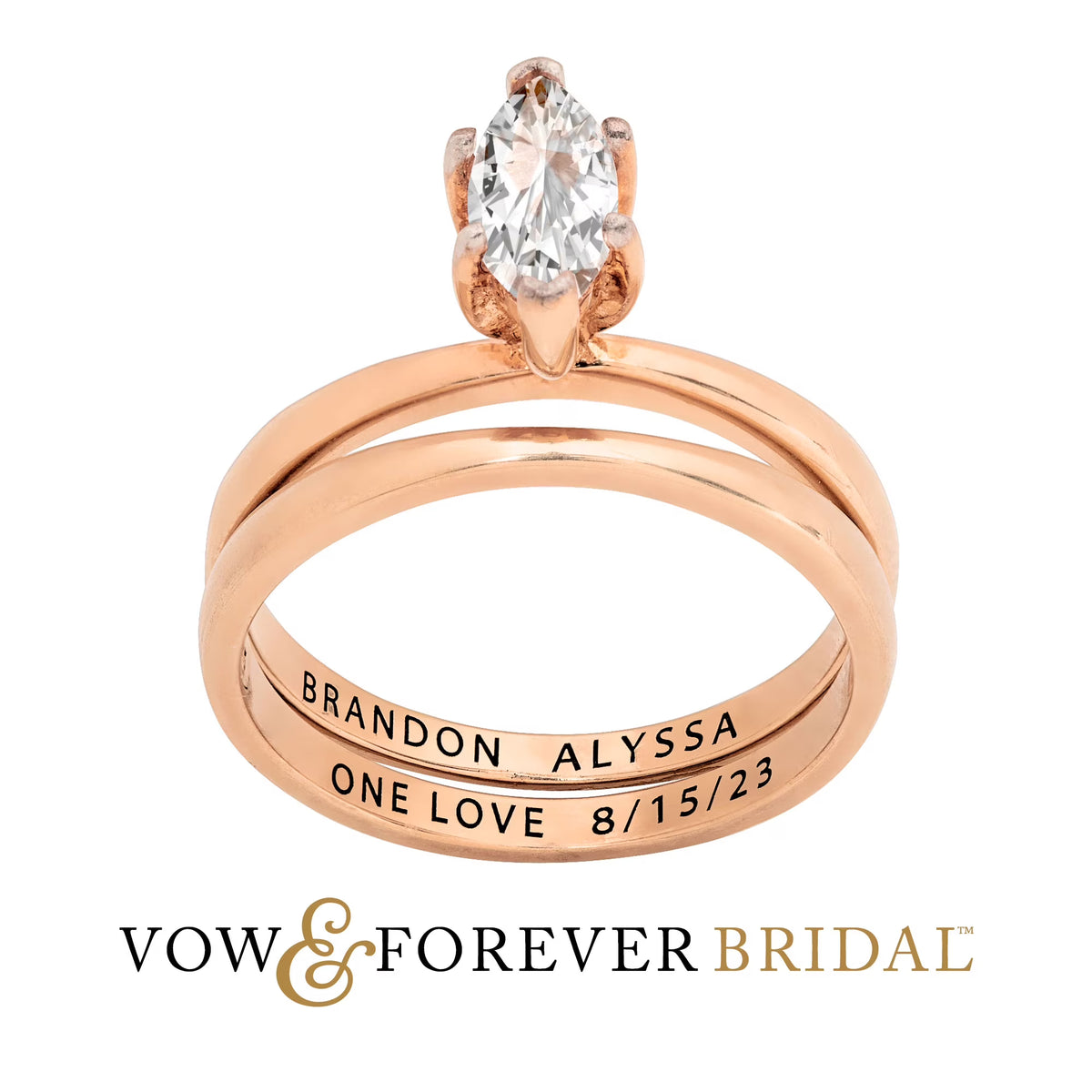 14K Rose Gold over Sterling Silver Marquise White Topaz 2-Piece Wedding Ring Set V2673