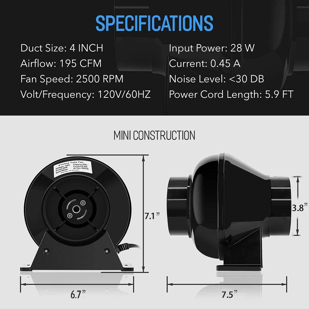 4 Inch 195 CFM Inline Fan, Carbon Filter, 8 Feet Ducting, Speed Controller, Rope Hanger, Temperature Humidity Monitor, Pack of 2 Z4184