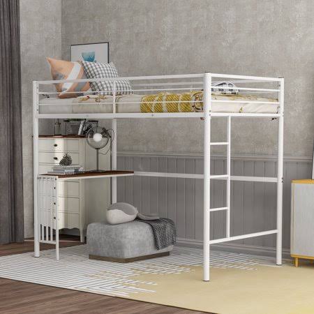 White Full Double Loft Bunk Bed with Desk and Guardrails N502