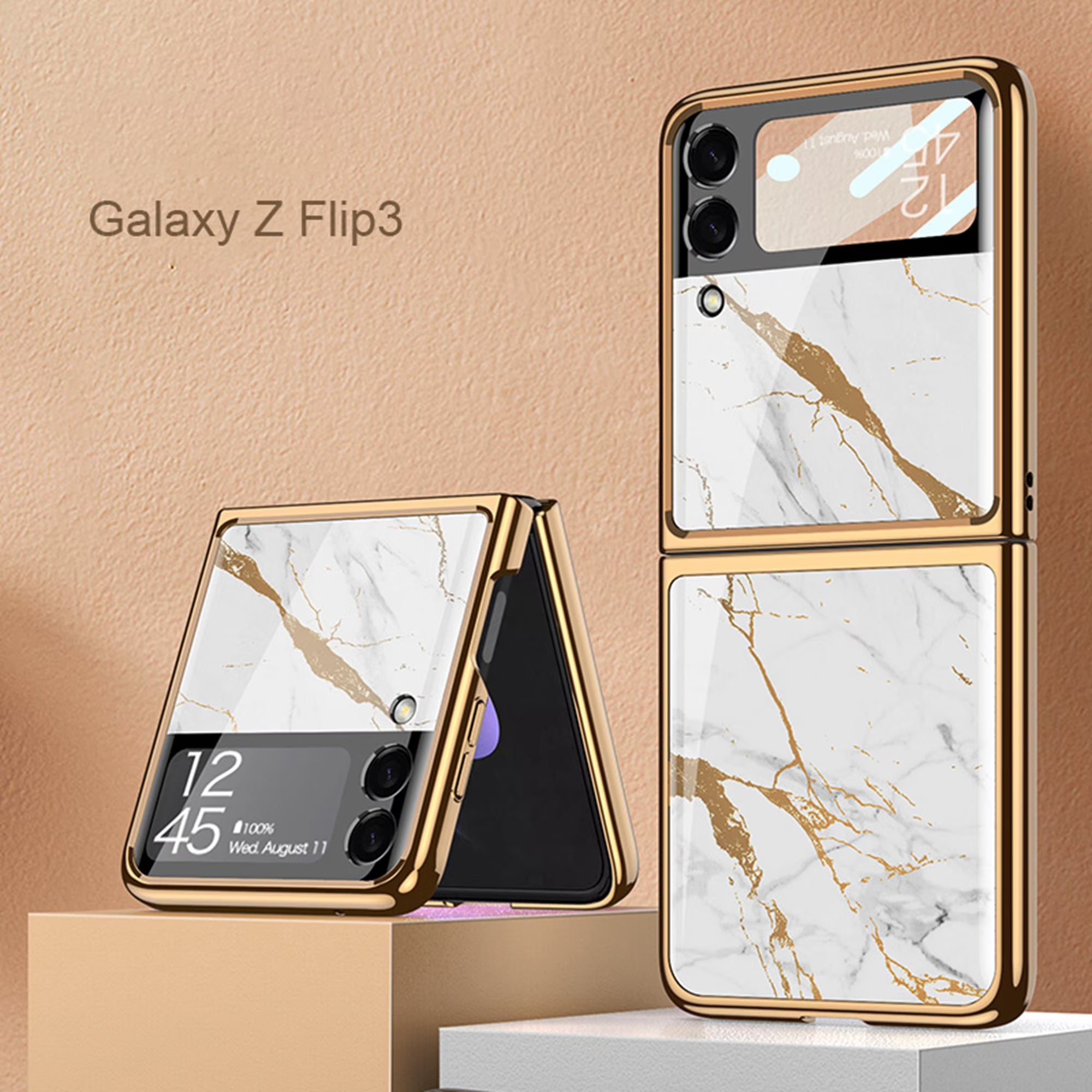 White Marble Striped Pattern Glass Phone Case for Samsung Galaxy Z Flip3 5G T8141