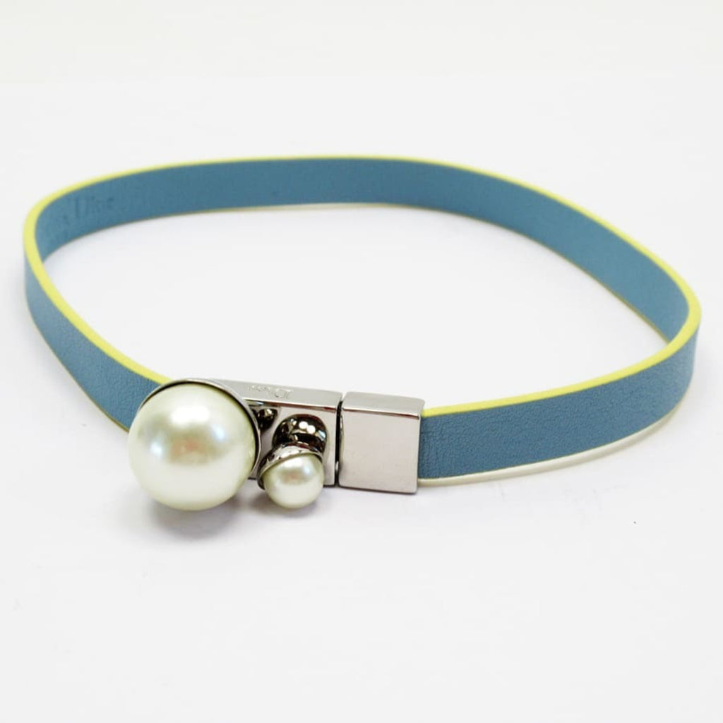 Blue x Yellow Silver Pearl White Leather Metal Choker N1941