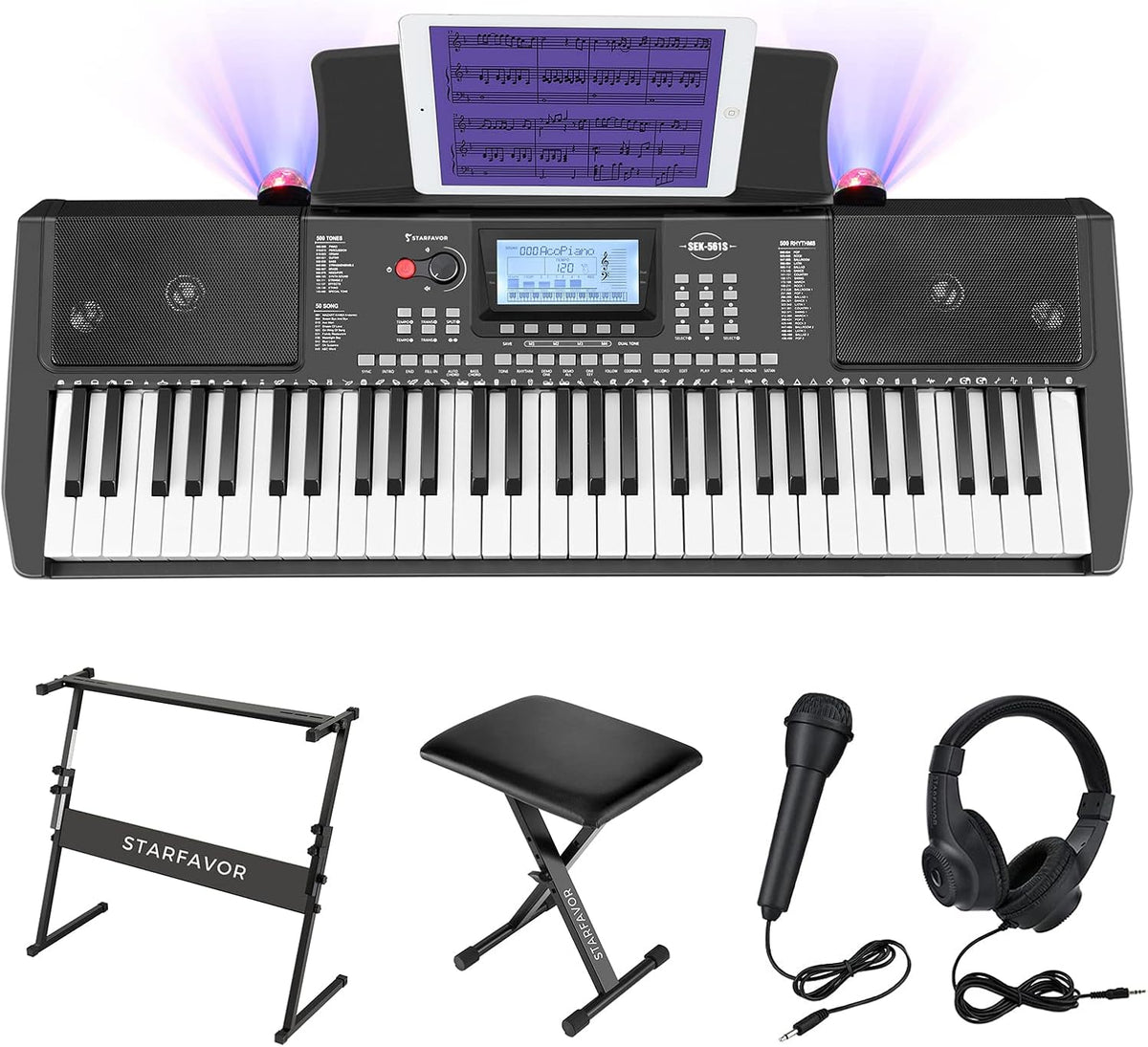 61 Key Electronic Keyboard Piano with LCD Display, Z-style Stand, Bench, Microphone, Headphone, Keynote Stickers I1334