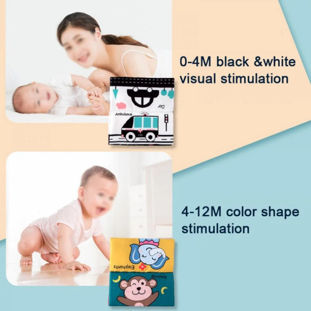Tummy Time Floor Mirror with Crinkle Cloth Book and Teethers, High Contrast Black and White Baby Toys, Montessori Sensory Crawling Toy H3804