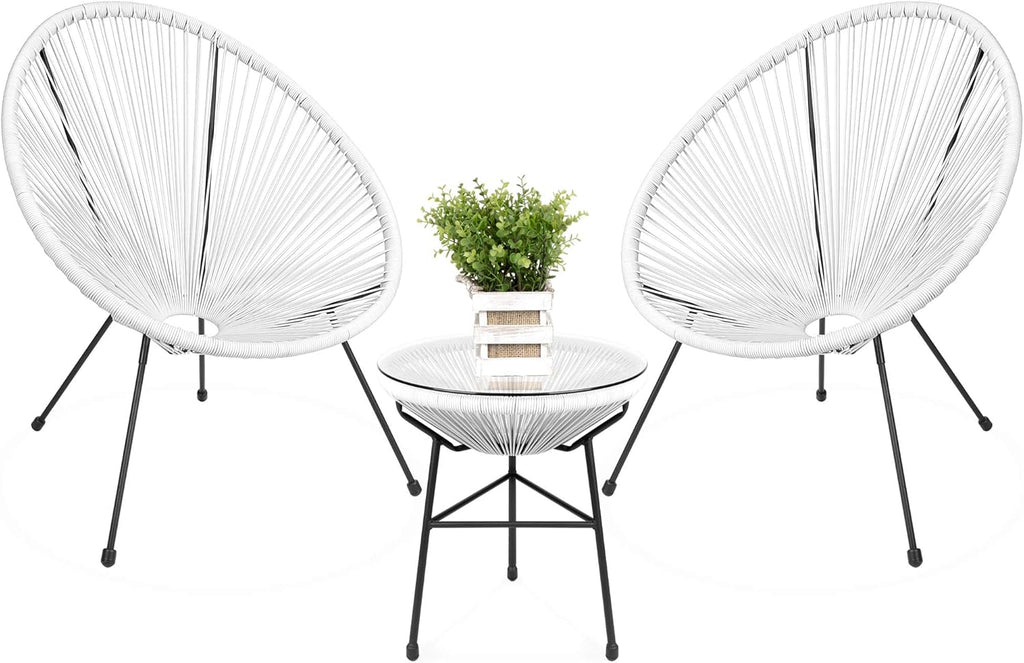 3-Piece Outdoor Acapulco Patio Conversation Bistro Set with Plastic Rope, Glass Top Table and 2 Chairs - Gray K91638