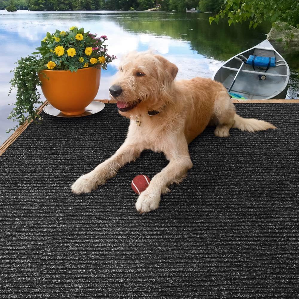 Heavy-Duty Ribbed Indoor Outdoor Carpet with Rubber Marine Backing - Charcoal Black - 6 Feet X 15 Feet R12096