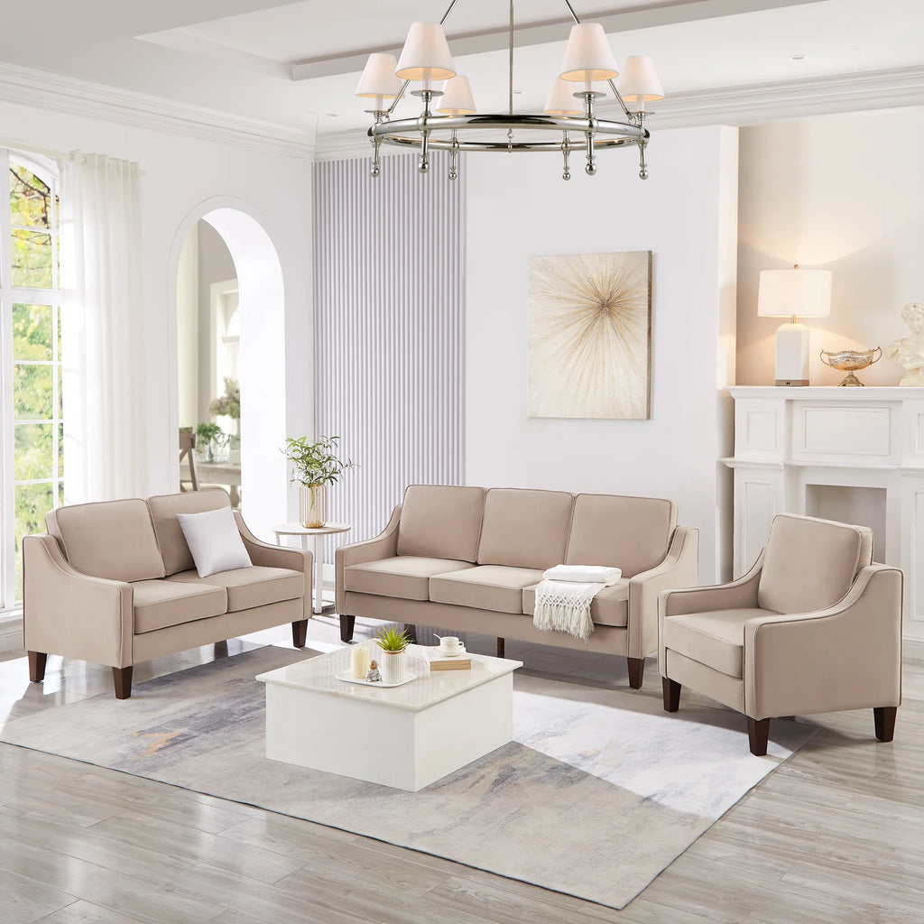 Taupe Velvet 3-Seat Sofa with Wood Legs W14279